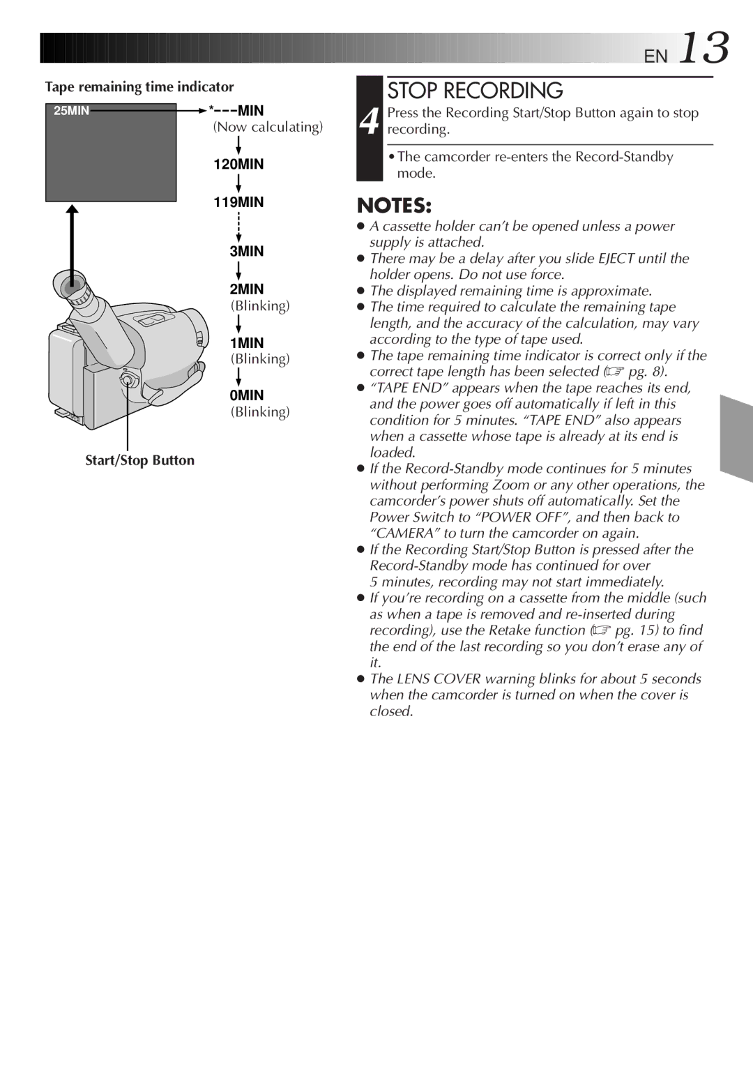 JVC LYT0085-001A manual Stop Recording, Tape remaining time indicator 