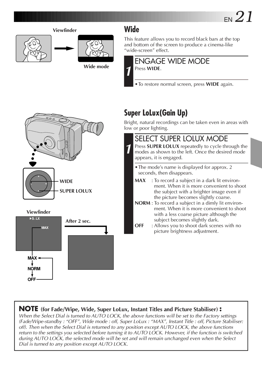 JVC LYT0085-001A manual Super LoLuxGain Up, Engage Wide Mode, Select Super Lolux Mode, Wide Super Lolux 