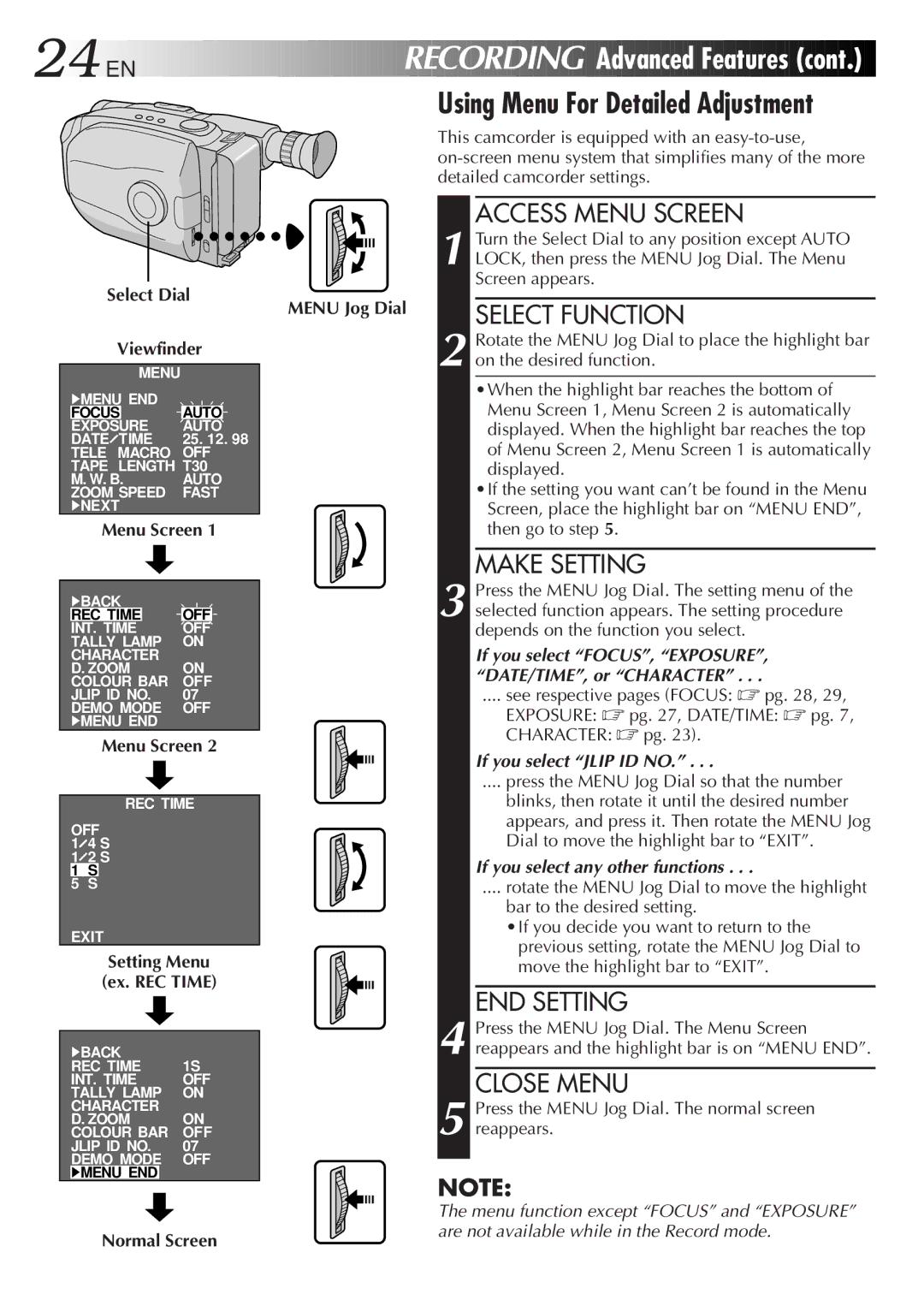 JVC LYT0085-001A manual Using Menu For Detailed Adjustment, Setting Menu Ex. REC Time 