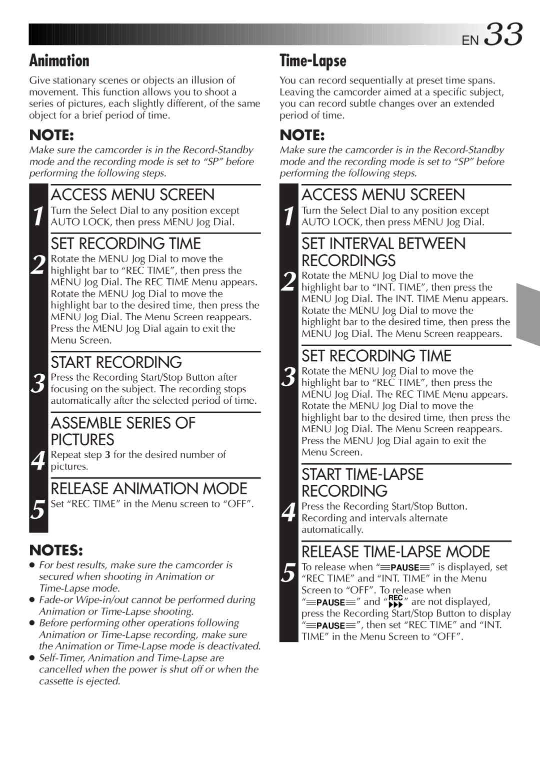 JVC LYT0085-001A manual Time-Lapse, Release Animation Mode, SET Interval Between Recordings, SET Recording Time 