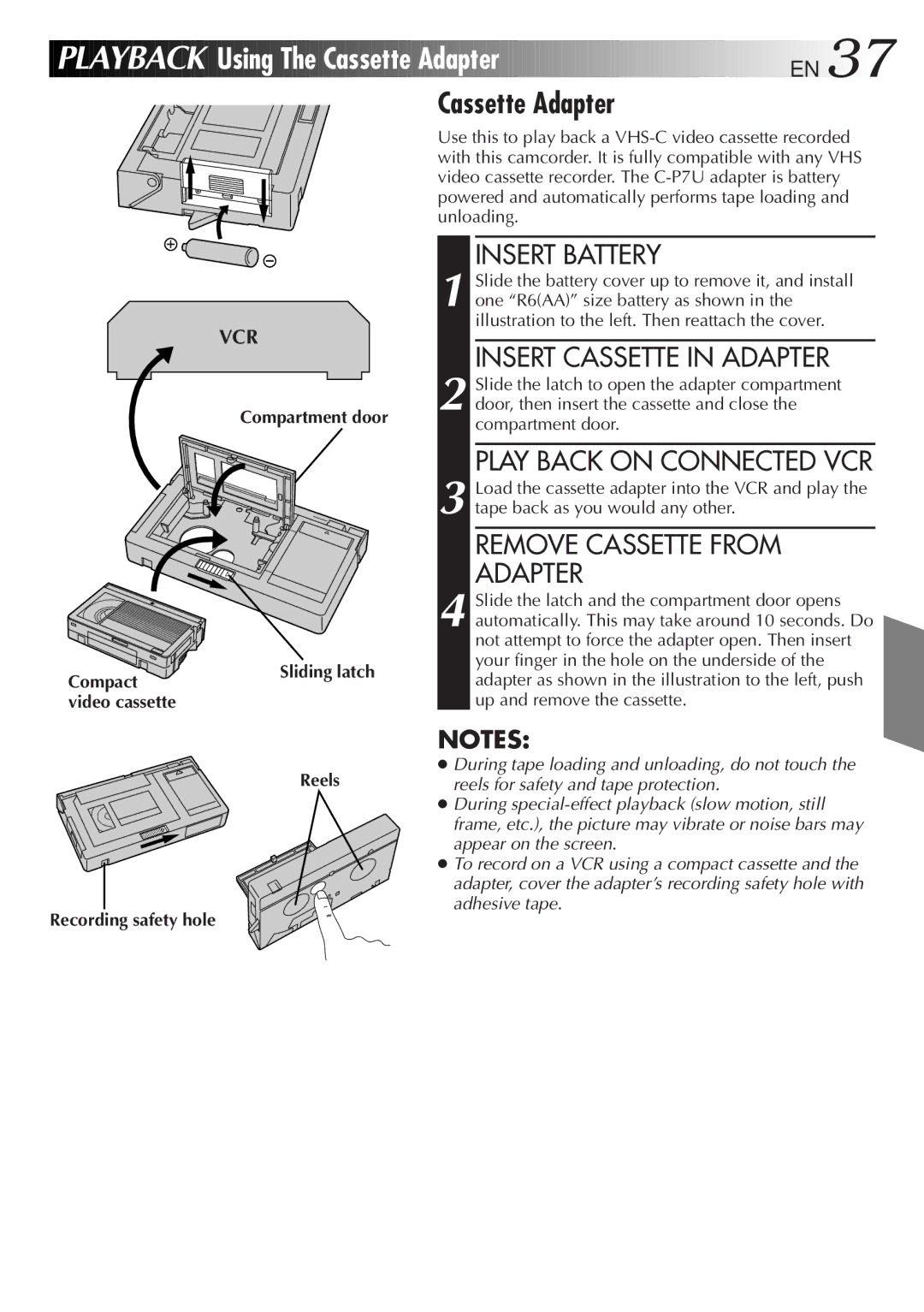 JVC LYT0085-001A manual Using The Cassette Adapter EN, Insert Cassette in Adapter, Play Back on Connected VCR 