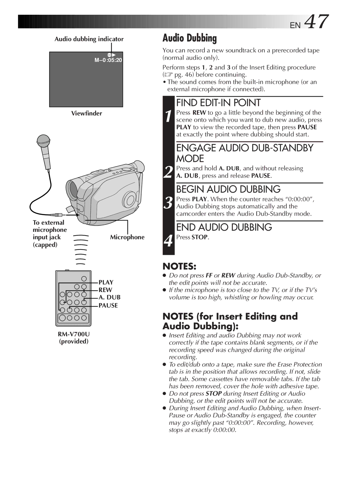 JVC LYT0085-001A manual Audio dubbing indicator, Viewfinder To external Microphone Input jack, Capped, Play REW DUB Pause 