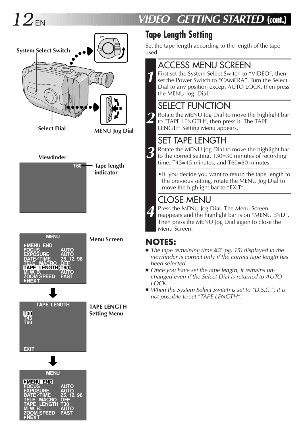 JVC LYT0087-001B manual Video Getting Started, Tape Length Setting 