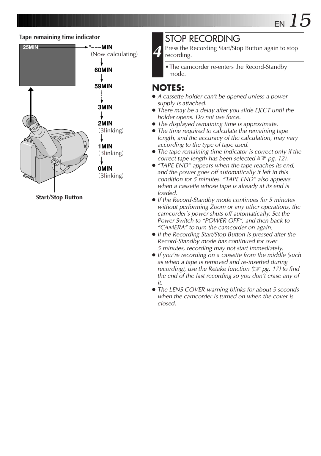 JVC LYT0087-001B manual Stop Recording, Tape remaining time indicator 