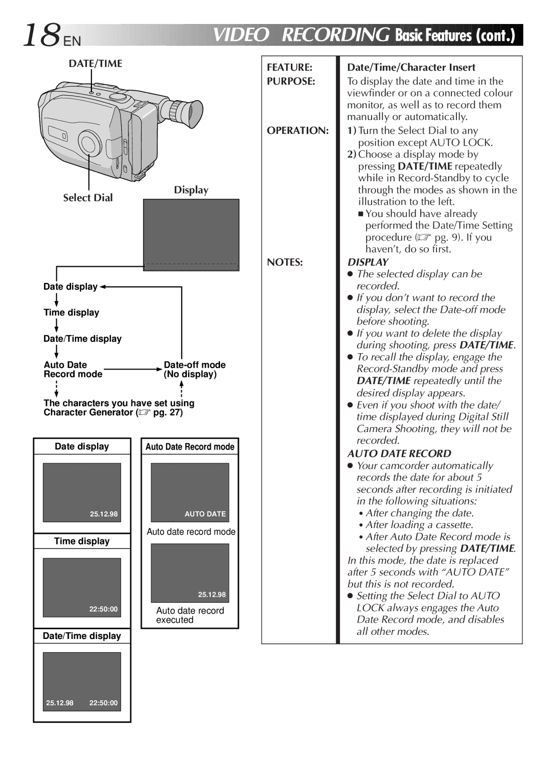 JVC LYT0087-001B Video Recording Basic Features, DATE/TIME Feature Purpose Operation, Date/Time/Character Insert, Display 