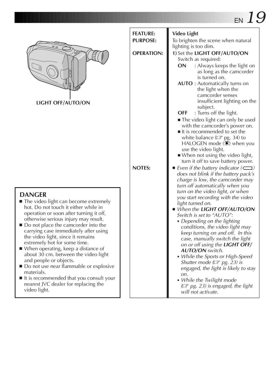 JVC LYT0087-001B manual Feature Purpose Operation, Video Light, Set the Light OFF/AUTO/ON Switch as required 