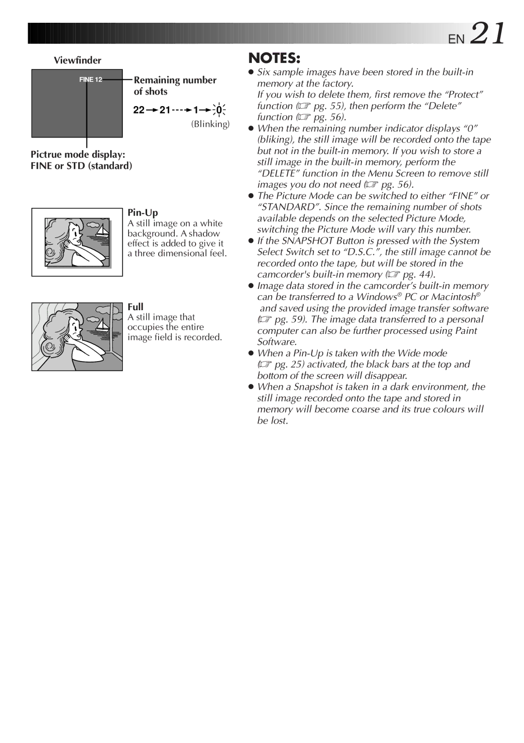 JVC LYT0087-001B manual Shots, Pictrue mode display Fine or STD standard Pin-Up, Full 