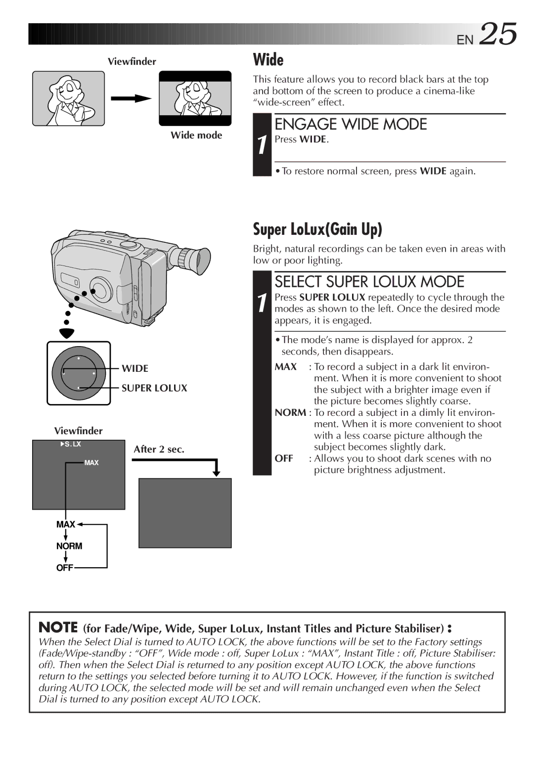 JVC LYT0087-001B manual Super LoLuxGain Up, Engage Wide Mode, Select Super Lolux Mode, Wide Super Lolux 