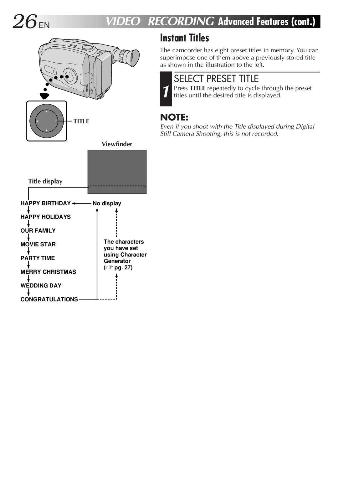 JVC LYT0087-001B manual Instant Titles, Select Preset Title, Title display 