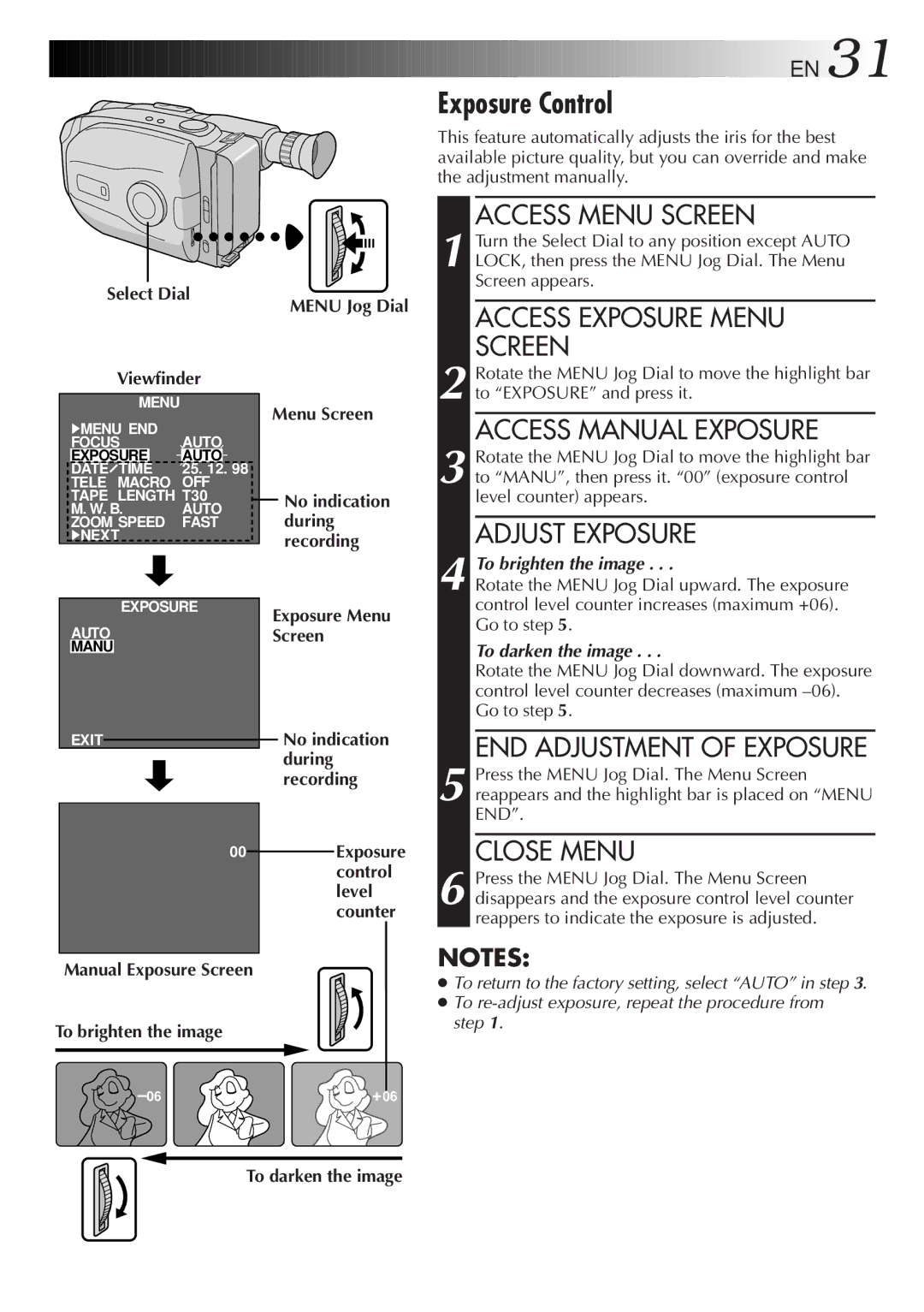 JVC LYT0087-001B manual To brighten the image Menu Jog Dial Menu Screen, Exposure Menu Screen, To darken the image 