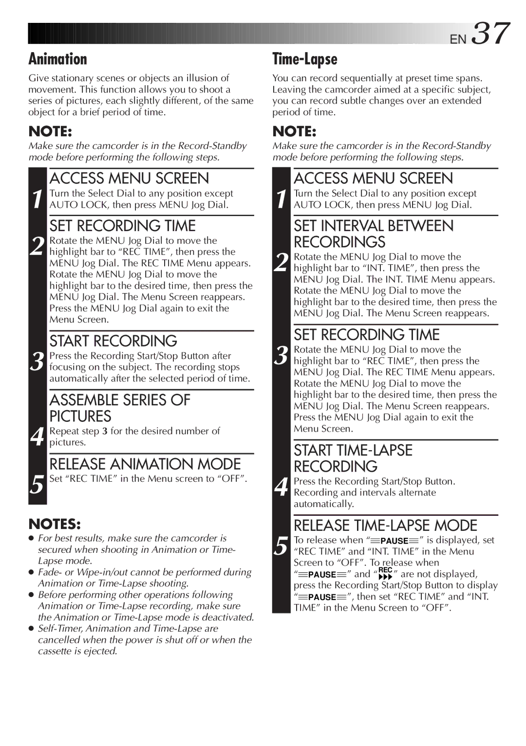 JVC LYT0087-001B manual Time-Lapse, Release Animation Mode, SET Interval Between Recordings, SET Recording Time 