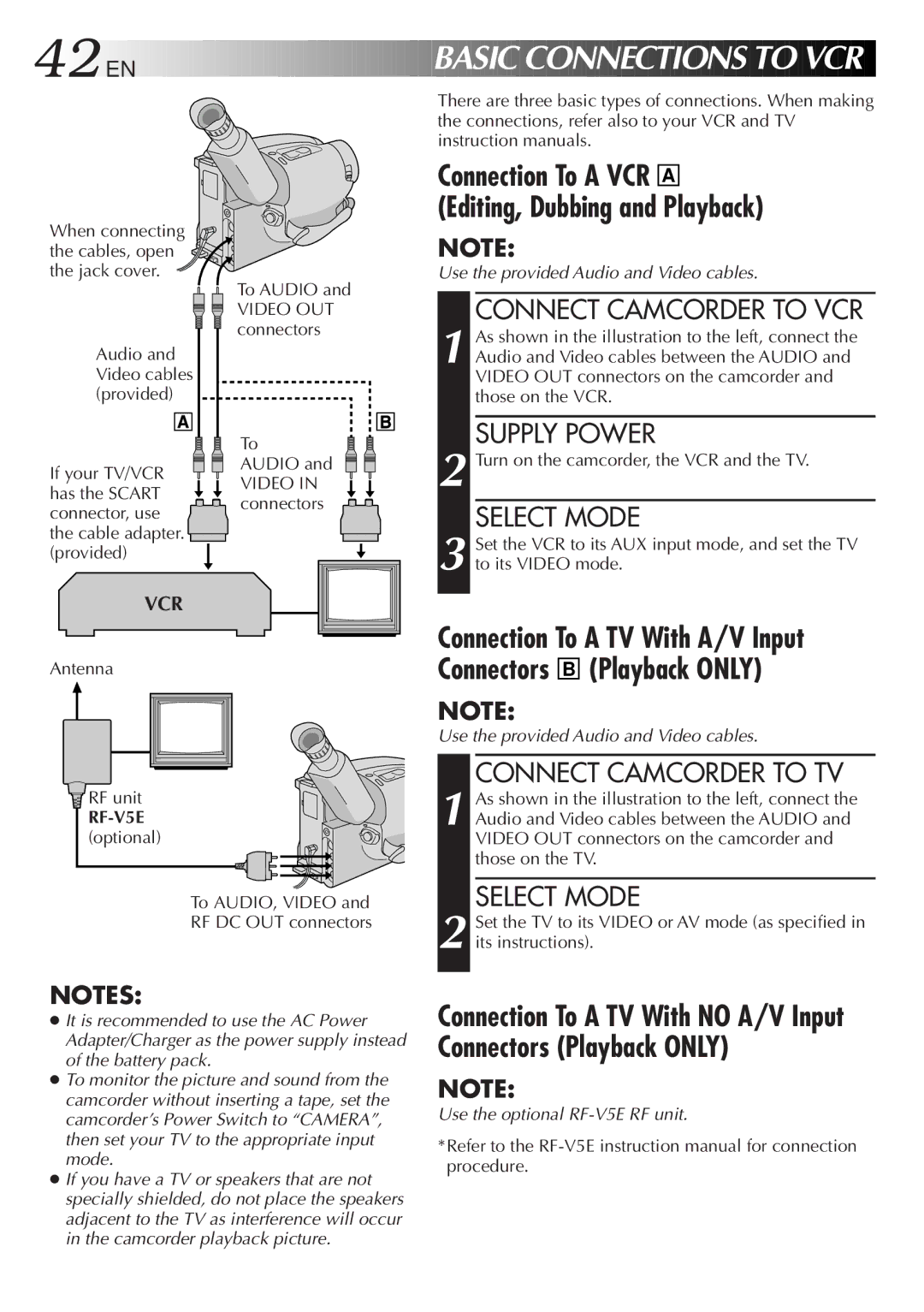 JVC LYT0087-001B manual Connect Camcorder to VCR, Connect Camcorder to TV, RF-V5E 