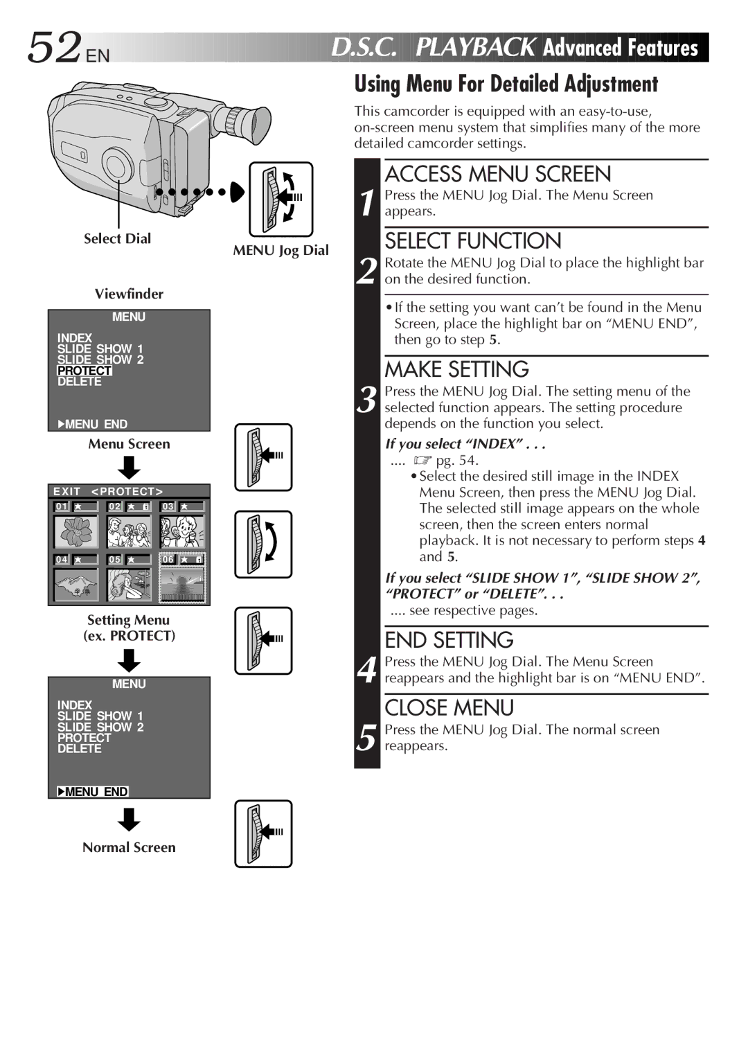 JVC LYT0087-001B manual C. Playback Advanced Features, Make Setting, END Setting, Setting Menu Ex. Protect, Normal Screen 