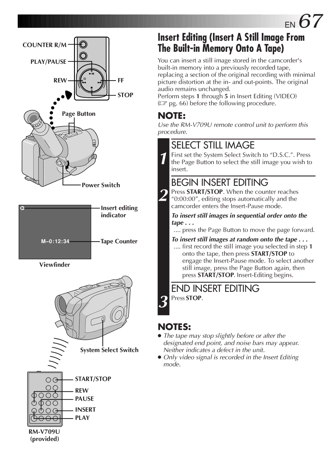 JVC LYT0087-001B manual Select Still Image, Begin Insert Editing, END Insert Editing, Button Power Switch 