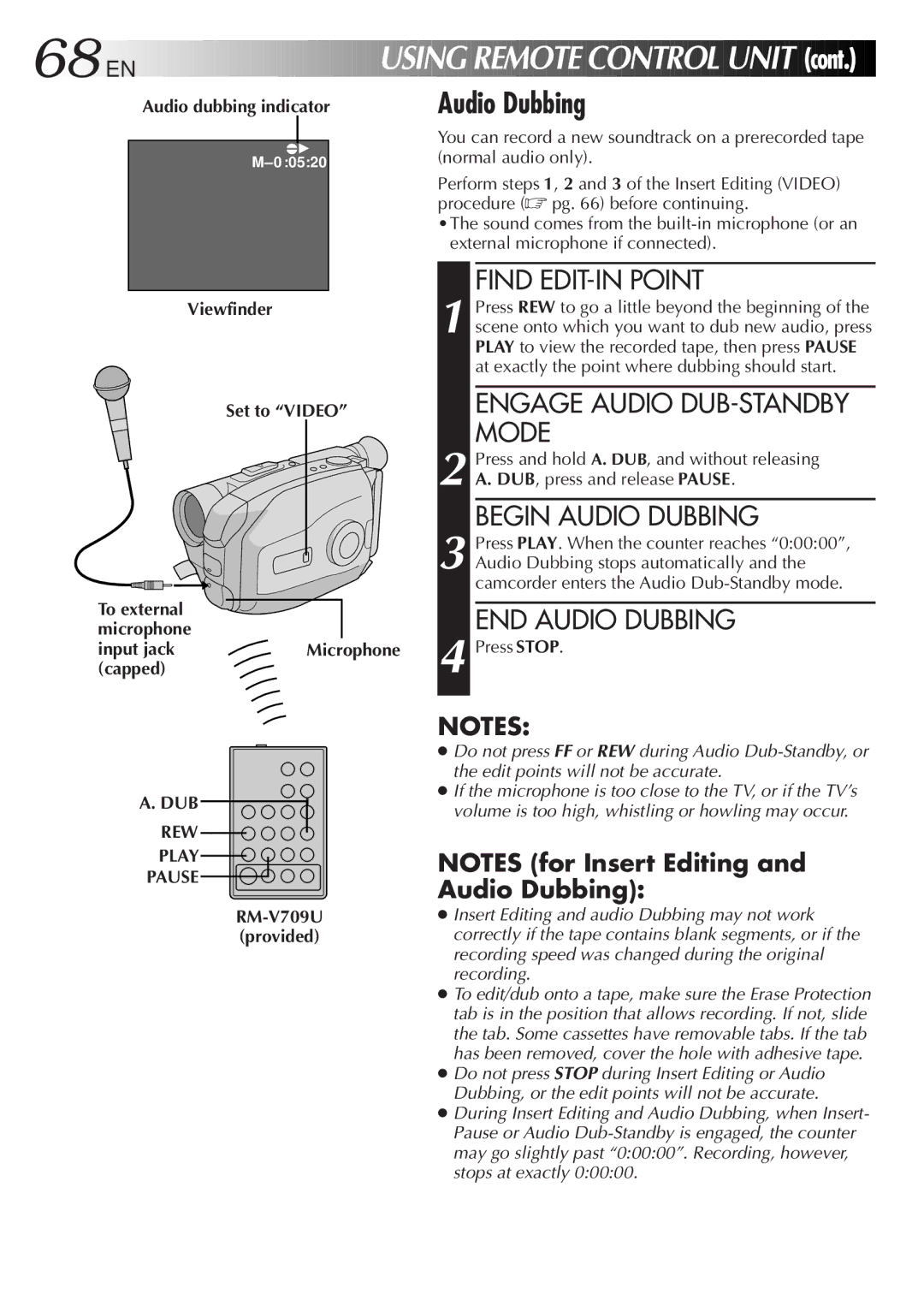 JVC LYT0087-001B manual Cont, Audio dubbing indicator, Viewfinder Set to Video To external Microphone Input jack, Capped 