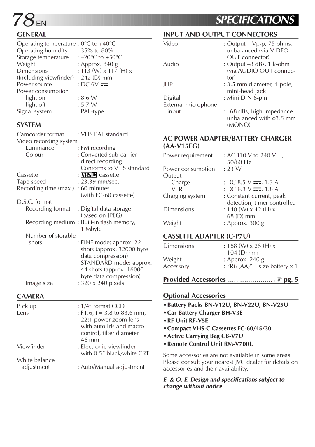 JVC LYT0087-001B manual Specifications 