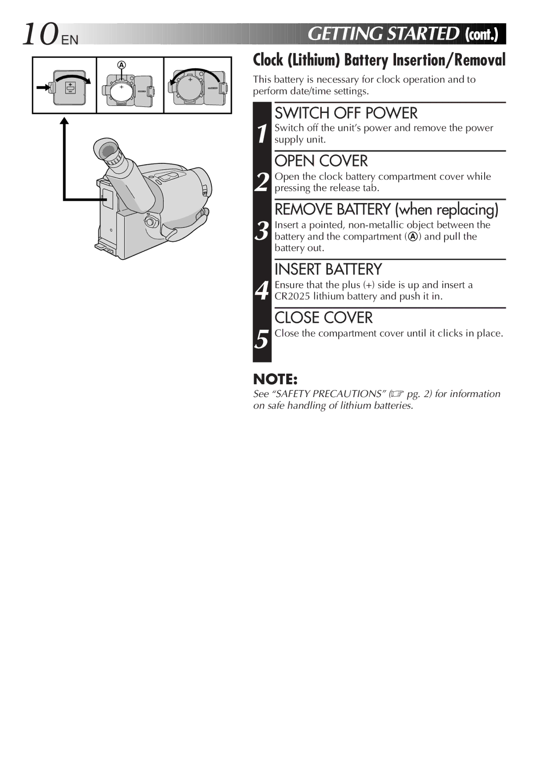 JVC LYT0089-001A specifications Getting Started, Switch OFF Power, Insert Battery, Close Cover 