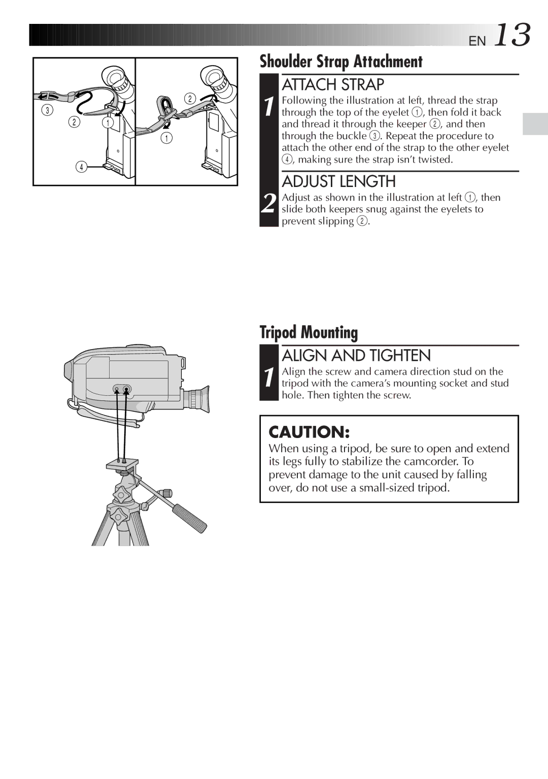 JVC LYT0089-001A specifications Shoulder Strap Attachment, Tripod Mounting, Attach Strap, Adjust Length, Align and Tighten 