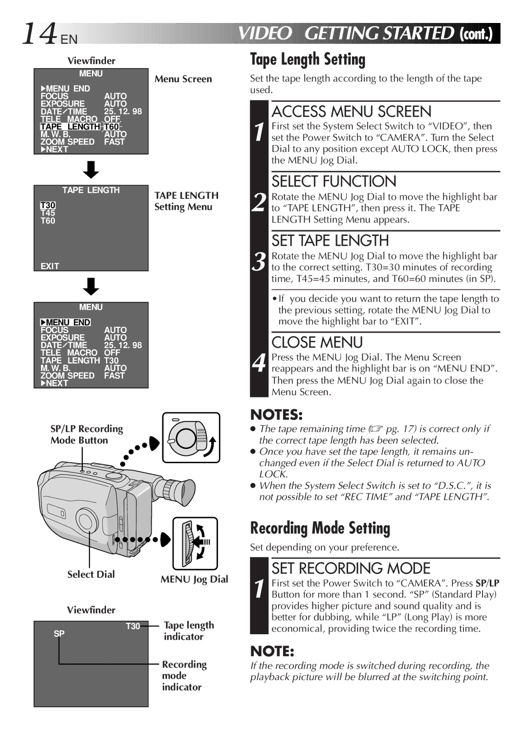 JVC LYT0089-001A specifications Recording Mode Setting, SET Recording Mode, Menu Jog Dial, Set depending on your preference 