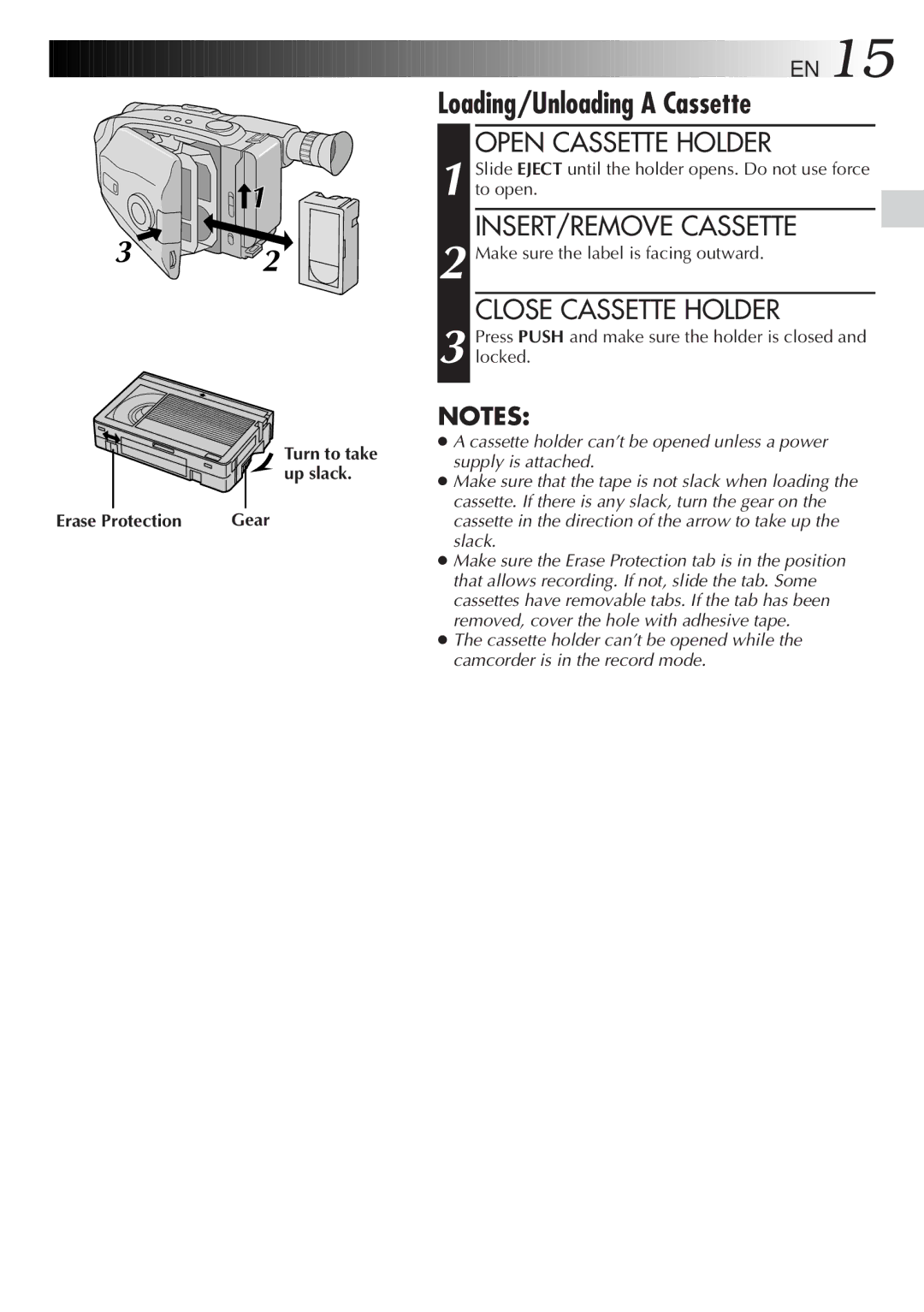 JVC LYT0089-001A Loading/Unloading a Cassette, Open Cassette Holder, INSERT/REMOVE Cassette, Close Cassette Holder 