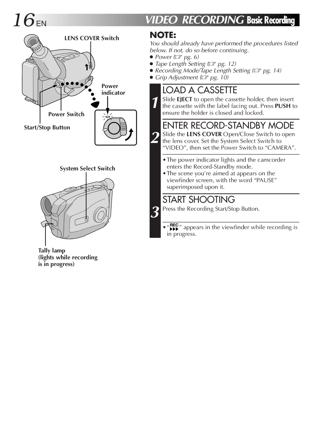 JVC LYT0089-001A Basic Recording, Load a Cassette, Enter RECORD-STANDBY Mode, Start Shooting, Lens Cover Switch 