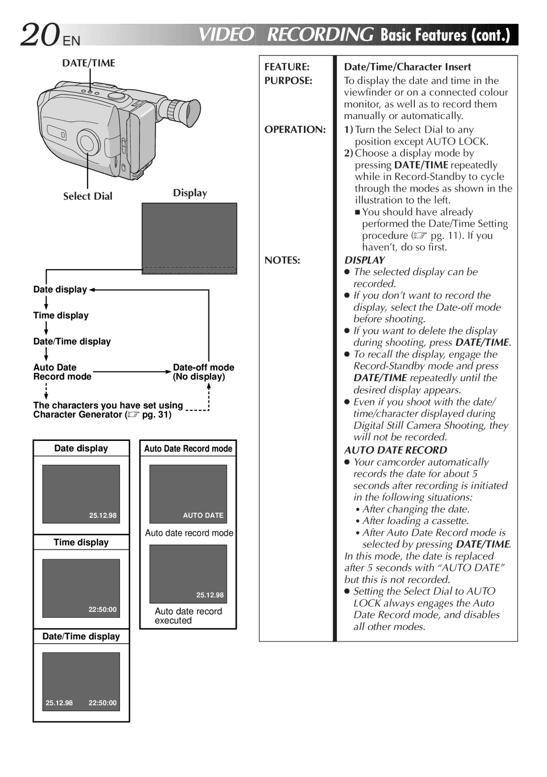 JVC LYT0089-001A Video Recording Basic Features, Display, Feature Purpose Operation, Date/Time/Character Insert 