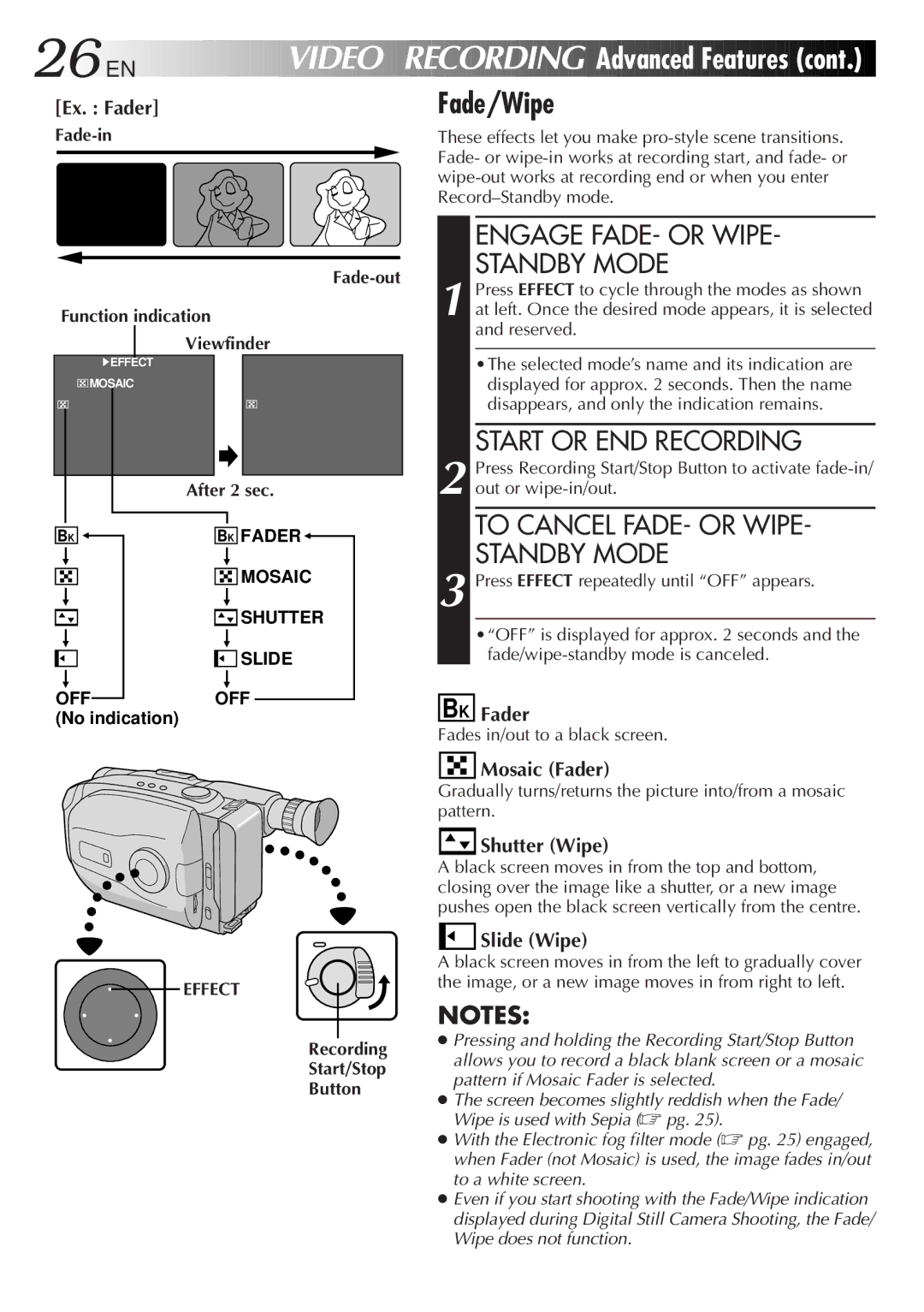 JVC LYT0089-001A specifications Fade/Wipe, Advanced Features, Engage FADE- or Wipe Standby Mode, Start or END Recording 