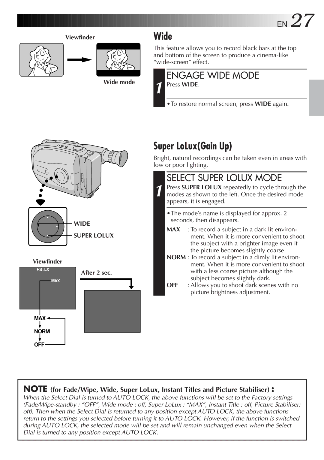 JVC LYT0089-001A specifications Super LoLuxGain Up, Engage Wide Mode, Select Super Lolux Mode, Wide Super Lolux 