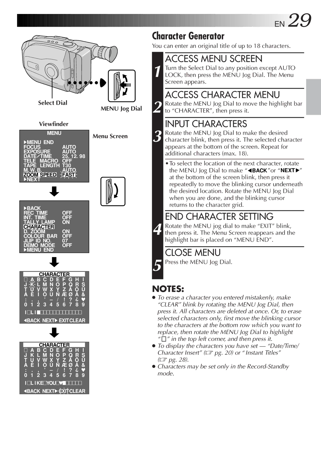 JVC LYT0089-001A END Character Setting, Close Menu, Select Dial Menu Jog Dial Viewfinder, Press the Menu Jog Dial 