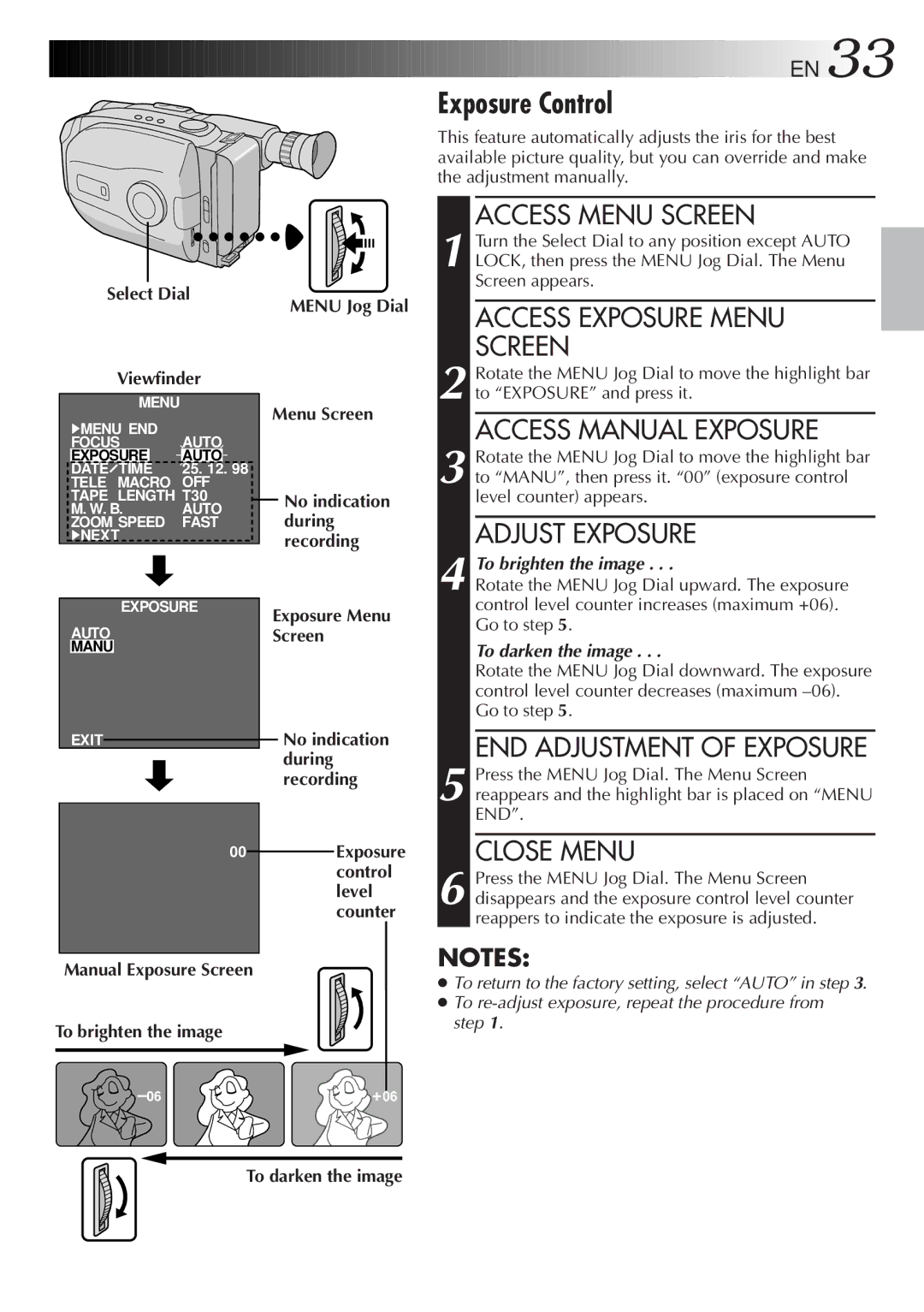 JVC LYT0089-001A specifications To brighten the image Menu Jog Dial Menu Screen, Exposure Menu Screen, To darken the image 