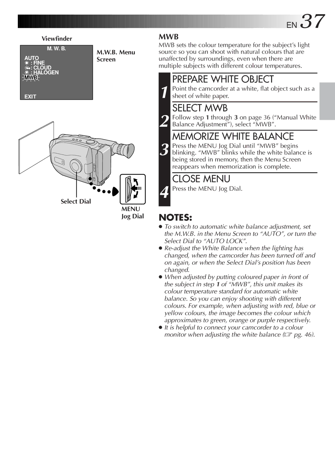 JVC LYT0089-001A specifications Prepare White Object, Select MWB, Memorize White Balance, Jog Dial 