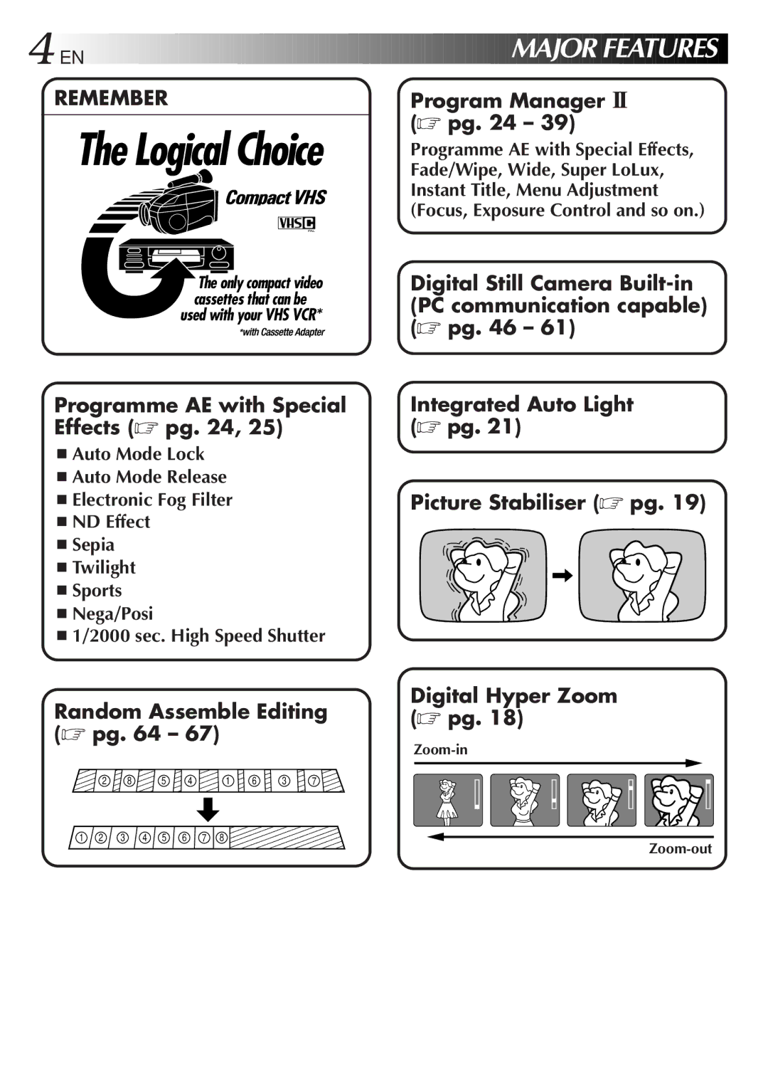 JVC LYT0089-001A EN Major Features, Programme AE with Special Effects, Focus, Exposure Control and so on, Zoom-in 