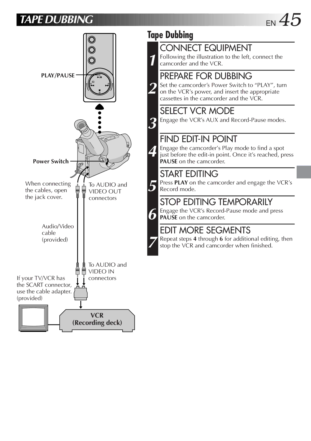 JVC LYT0089-001A specifications Recording deck, To Audio Video OUT connectors Video in connectors 