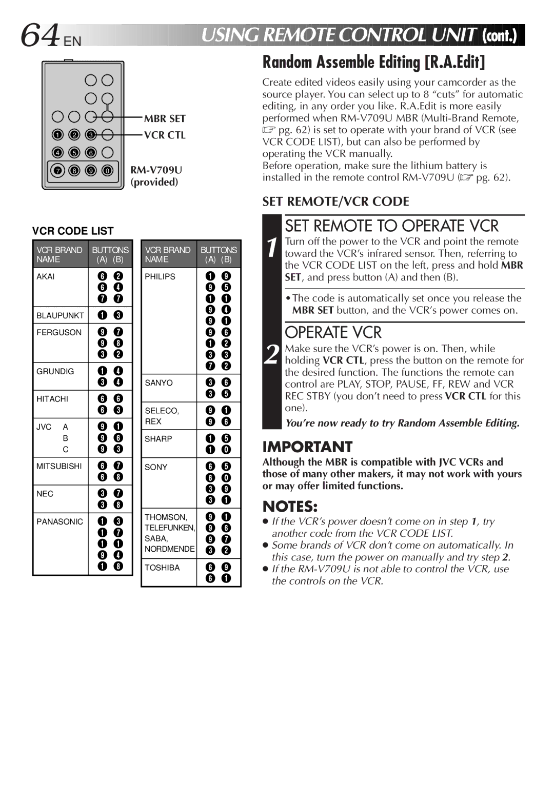 JVC LYT0089-001A Using Remote Control Unit, Random Assemble Editing R.A.Edit, SET Remote to Operate VCR, Mbr Set 