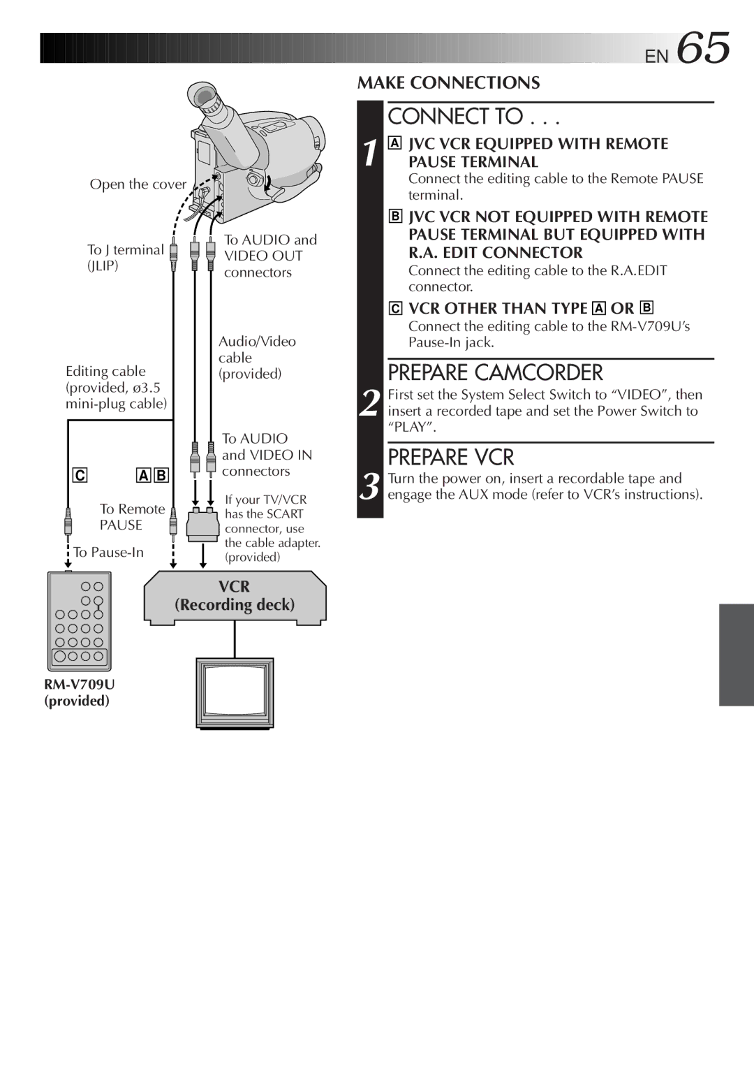 JVC LYT0089-001A specifications Connect to, Prepare Camcorder, Prepare VCR 