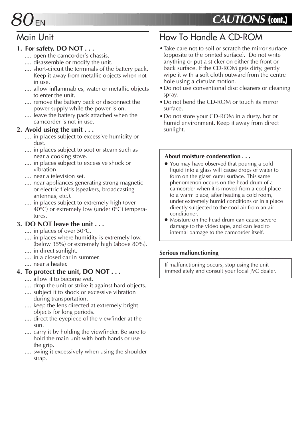 JVC LYT0089-001A Cont, For safety, do not, Avoid using the unit, Do not leave the unit, To protect the unit, do not 