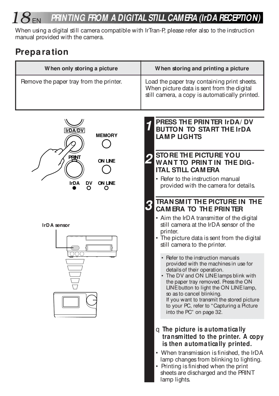 JVC 0298MNV*SW*VP, LYT0119-001A, GV-DT1 manual 18 EN, Printing from a D Igita L Still Camer a IrDA REC Eption 