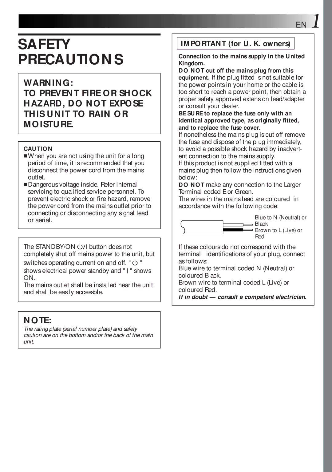 JVC GV-DT1, LYT0119-001A, 0298MNV*SW*VP manual Safety Precautions 