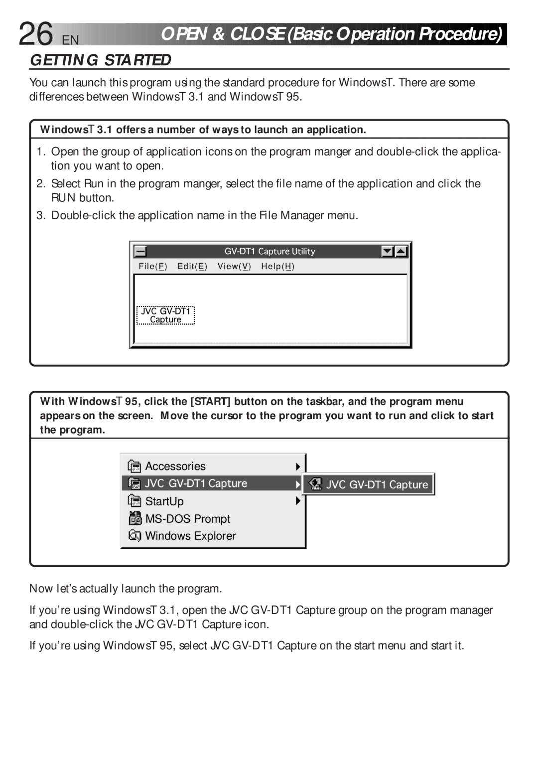 JVC LYT0119-001A, 0298MNV*SW*VP, GV-DT1 manual 26 EN, Open & Clos E B asic Operati o n Procedure 