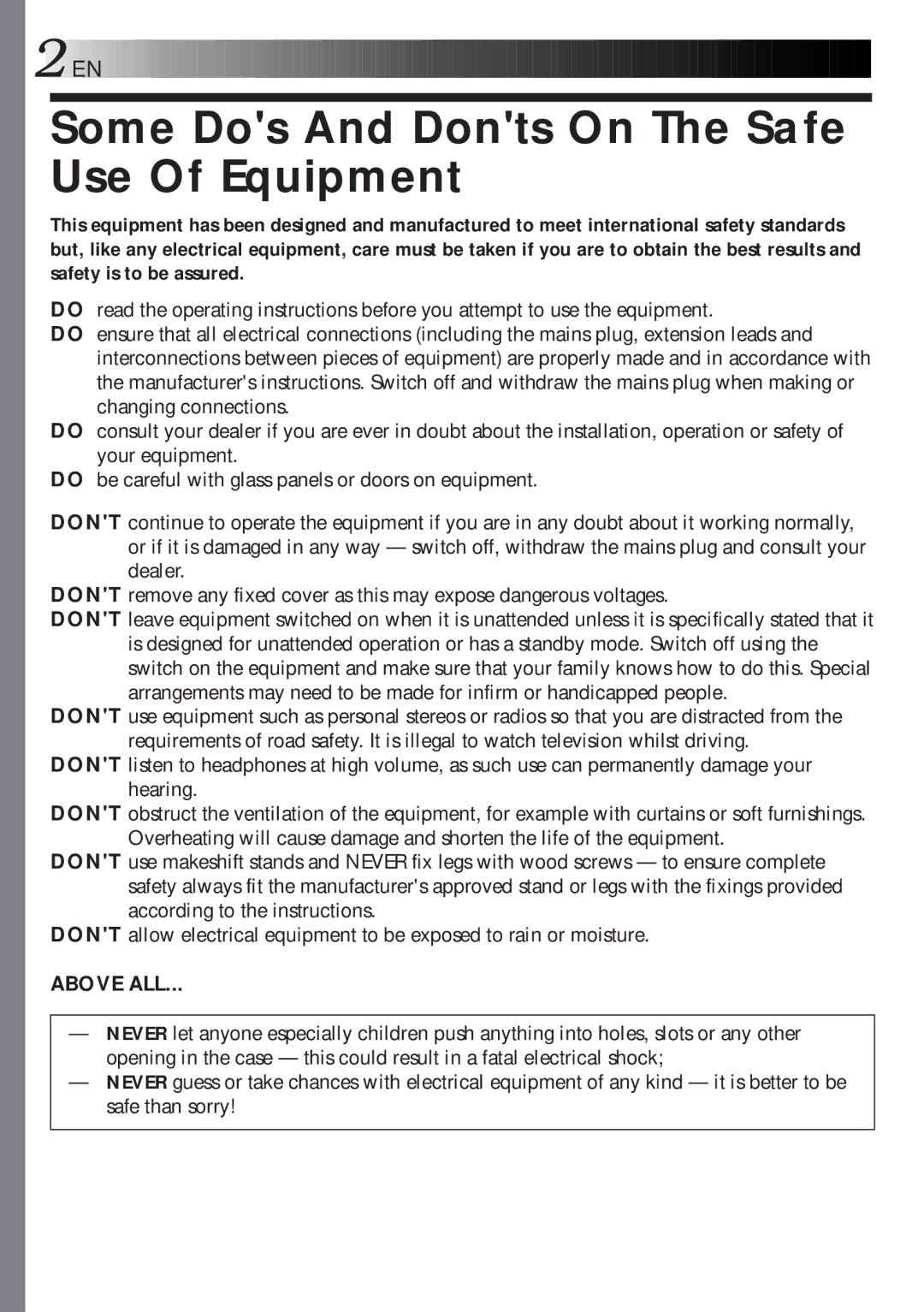 JVC LYT0119-001A, 0298MNV*SW*VP, GV-DT1 manual Some Dos And Donts On The Safe Use Of Equipment 