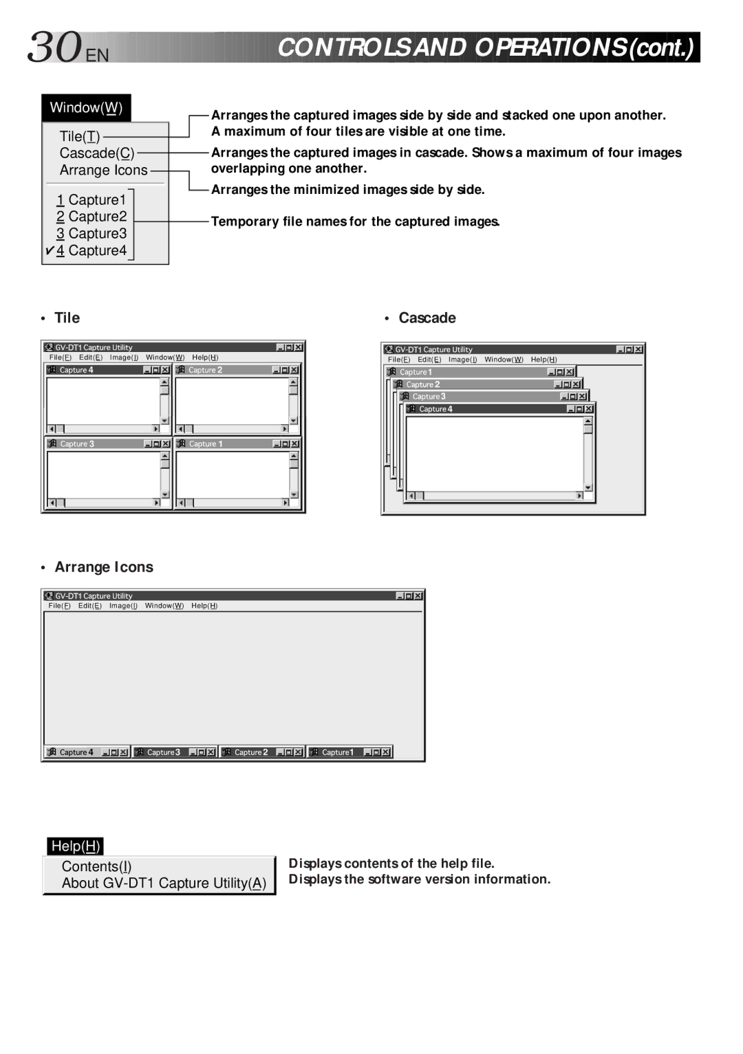 JVC 0298MNV*SW*VP, LYT0119-001A, GV-DT1 manual 30 EN, Ontrols and Operation S, Tile, Cascade, Arrange Icons 