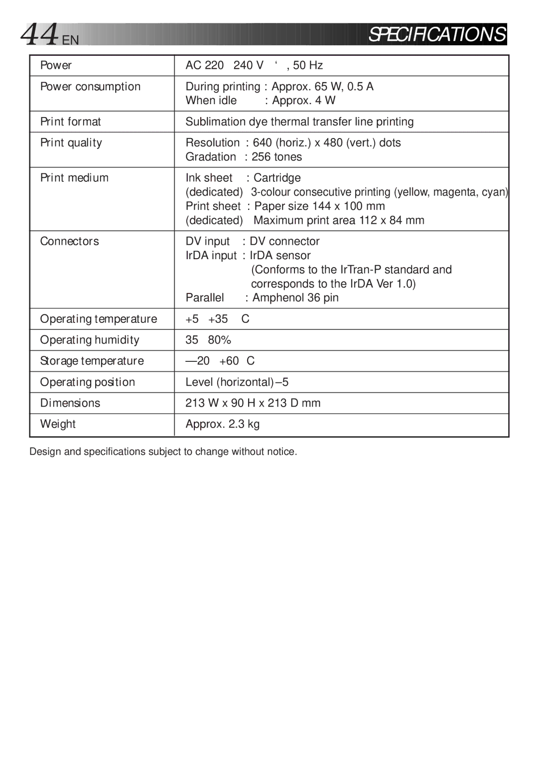 JVC LYT0119-001A Power consumption, Print format, Print quality, Print medium, Connectors, Operating temperature, Weight 