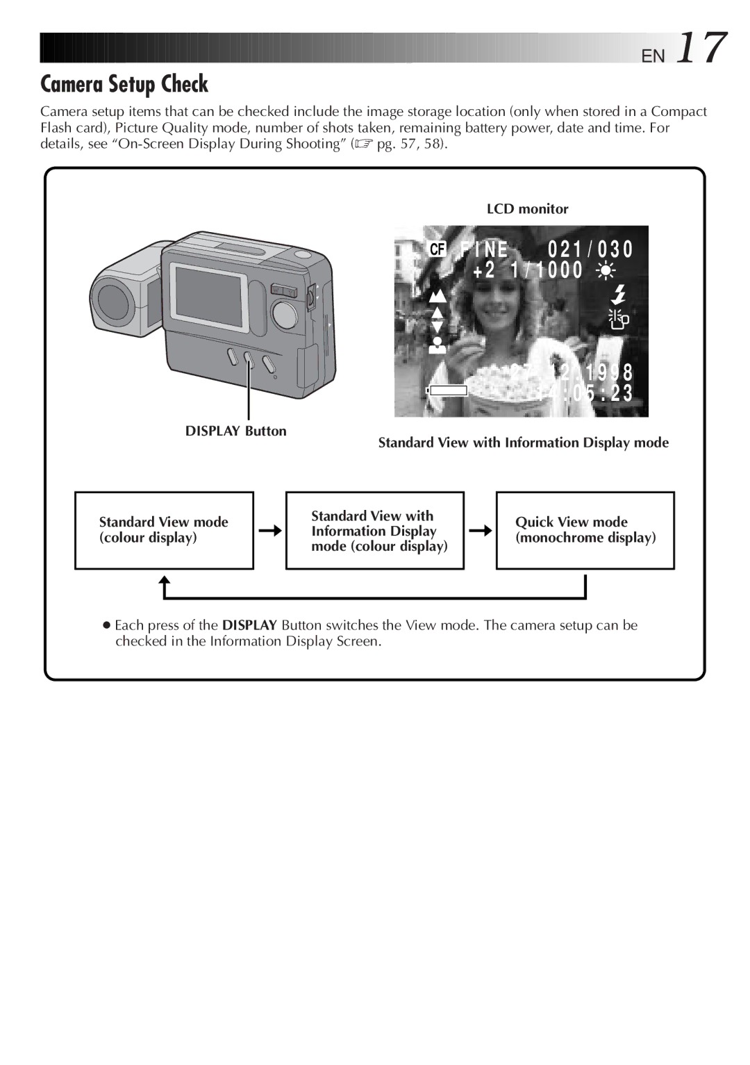 JVC LYT0143-001A manual Camera Setup Check, Display Button Standard View with Information Display mode 