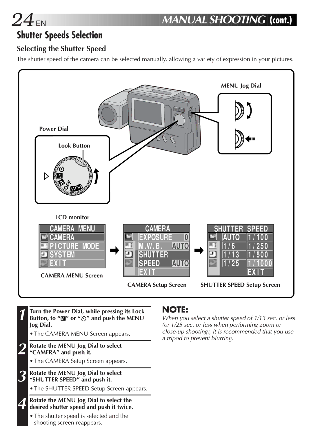 JVC LYT0143-001A manual Shutter Speeds Selection, Selecting the Shutter Speed, Menu Jog Dial Power Dial Look Button 