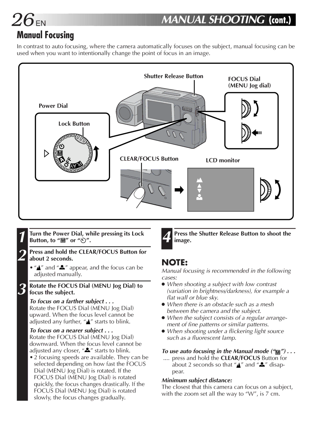 JVC LYT0143-001A Manual Focusing, To focus on a farther subject, To focus on a nearer subject, Minimum subject distance 