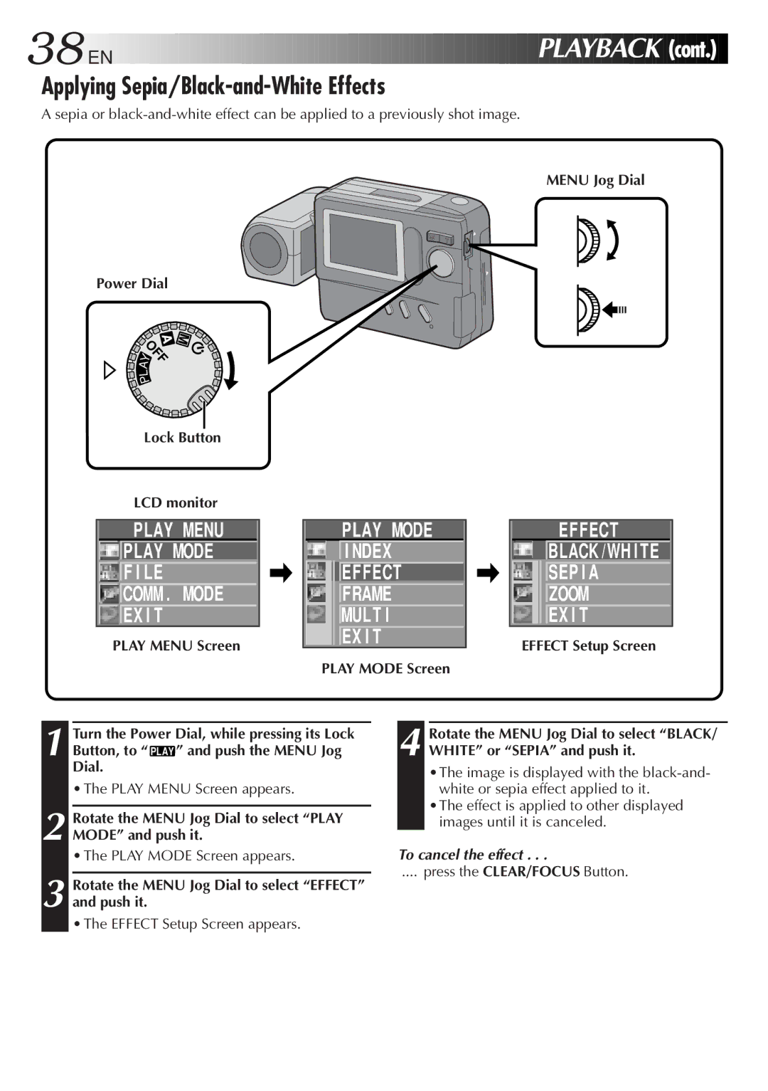 JVC LYT0143-001A manual Applying Sepia/Black-and-White Effects, SEP I a Zoom EX I T, Menu Jog Dial Power Dial 