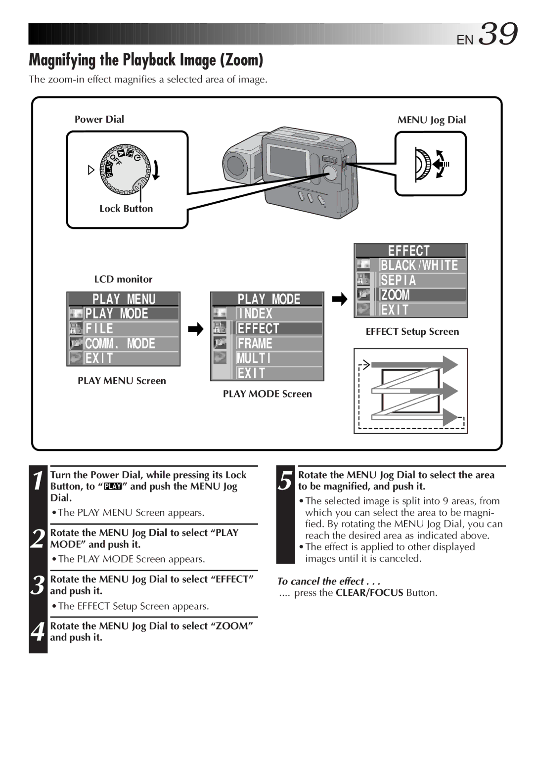 JVC LYT0143-001A manual Magnifying the Playback Image Zoom, Effect Black /WH ITE SEP I a Zoom EX I T, Effect Setup Screen 