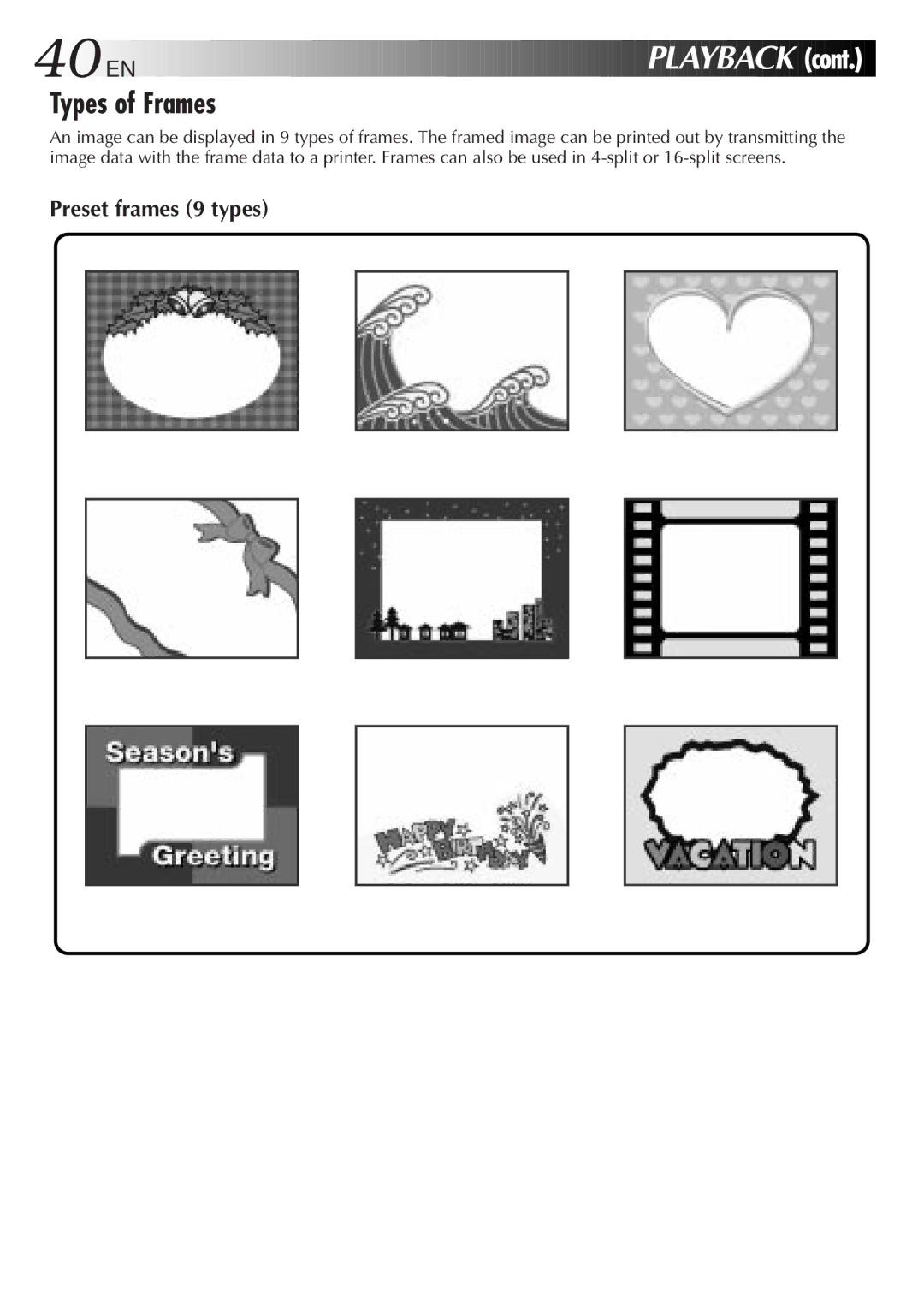 JVC LYT0143-001A manual Types of Frames, Preset frames 9 types 