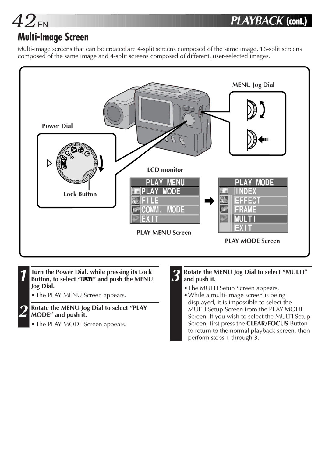 JVC LYT0143-001A manual Multi-Image Screen, Rotate the Menu Jog Dial to select Multi and push it 