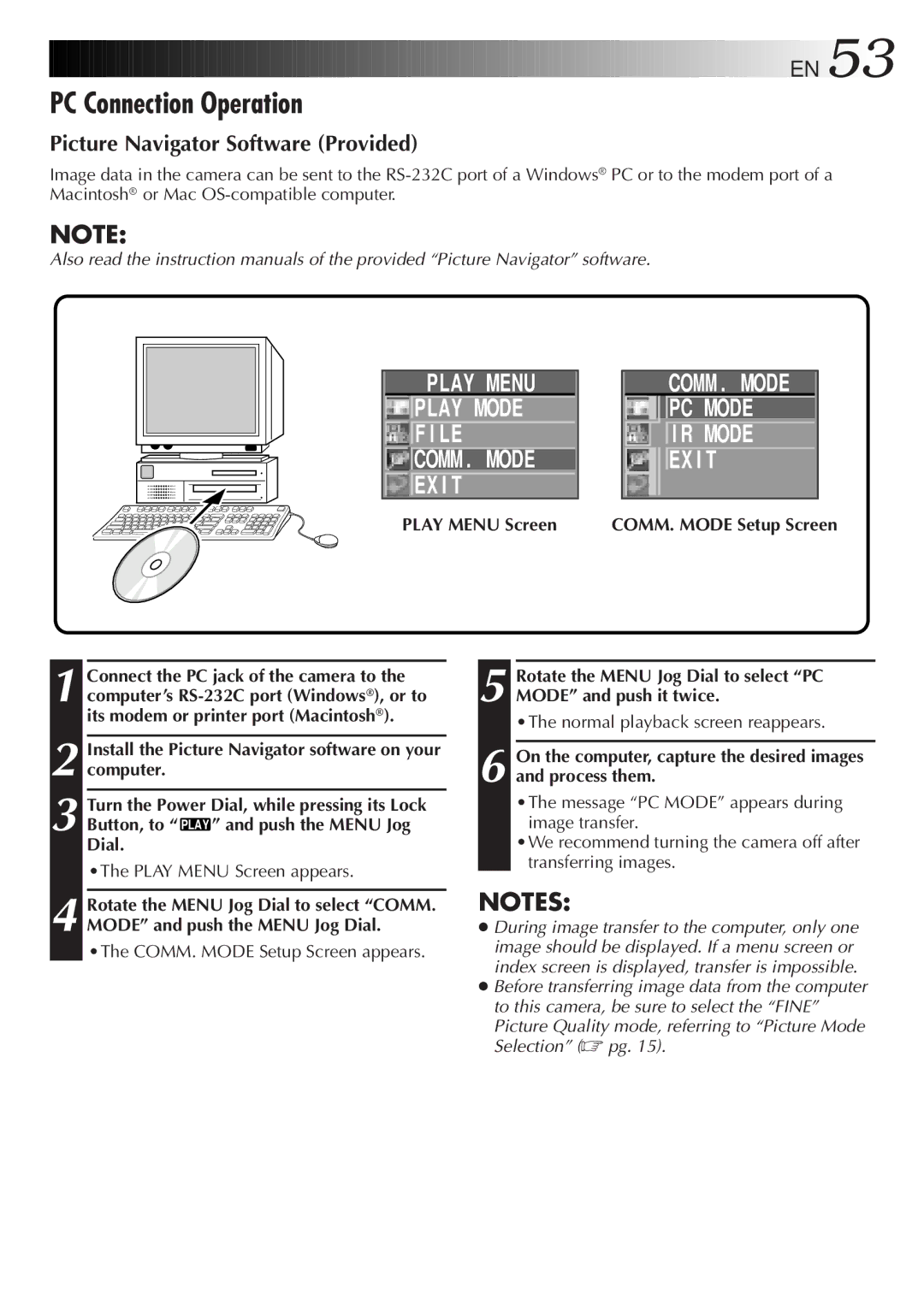 JVC LYT0143-001A PC Connection Operation, Picture Navigator Software Provided, COMM. Mode Setup Screen, Push the Menu Jog 